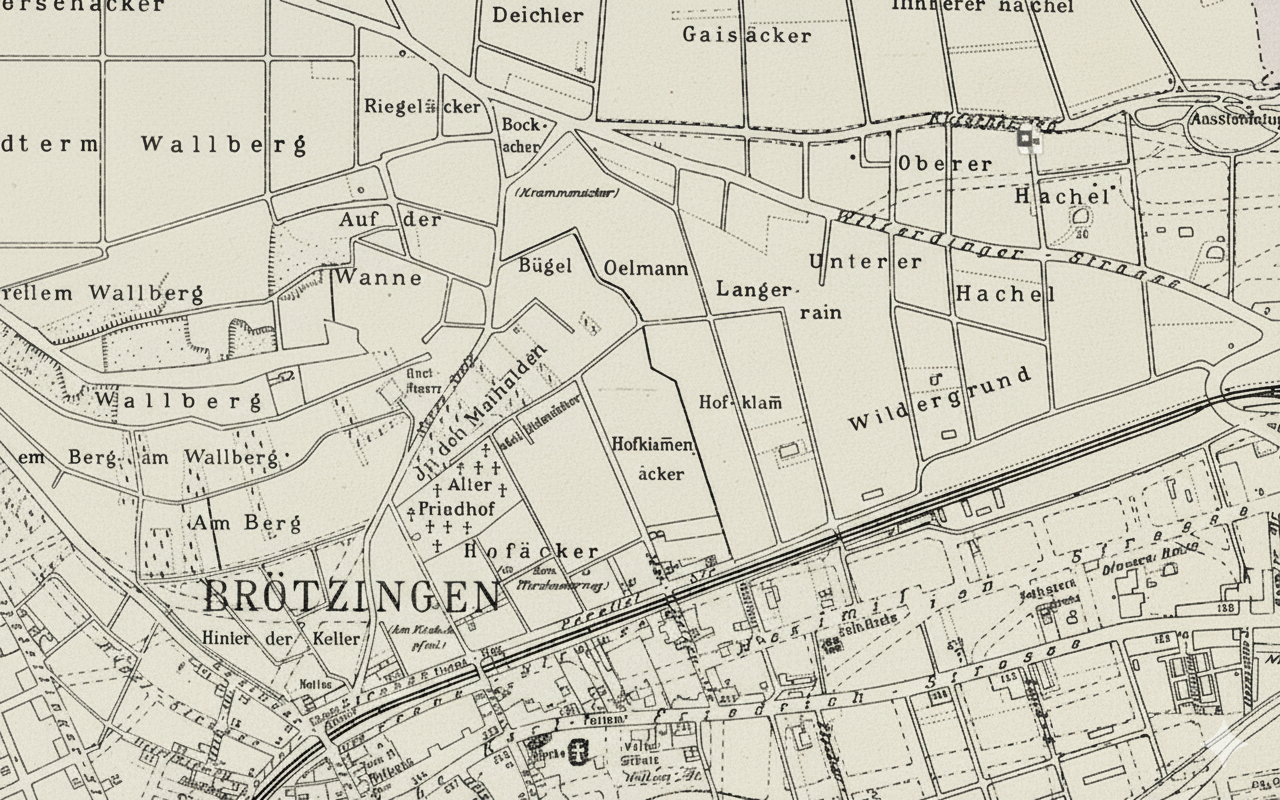 Stadtplan 1912 Pforzheim Brötzingen - historische Karte mit Flurnamen